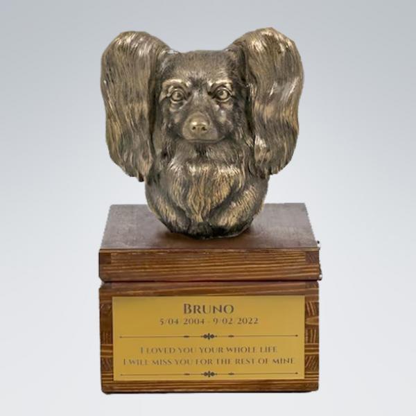 Holzurne mit Gravur Zwergspaniel Papillon