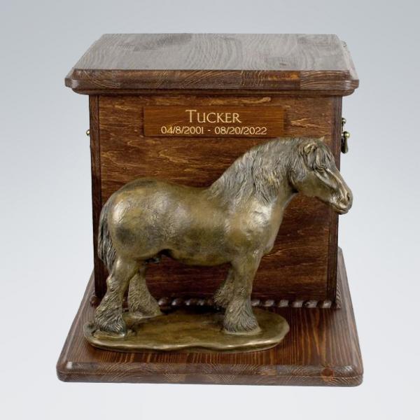 Urne Percheron "Big" Holztruhe mit Bronzefigur inkl.Gravur - Teilasche