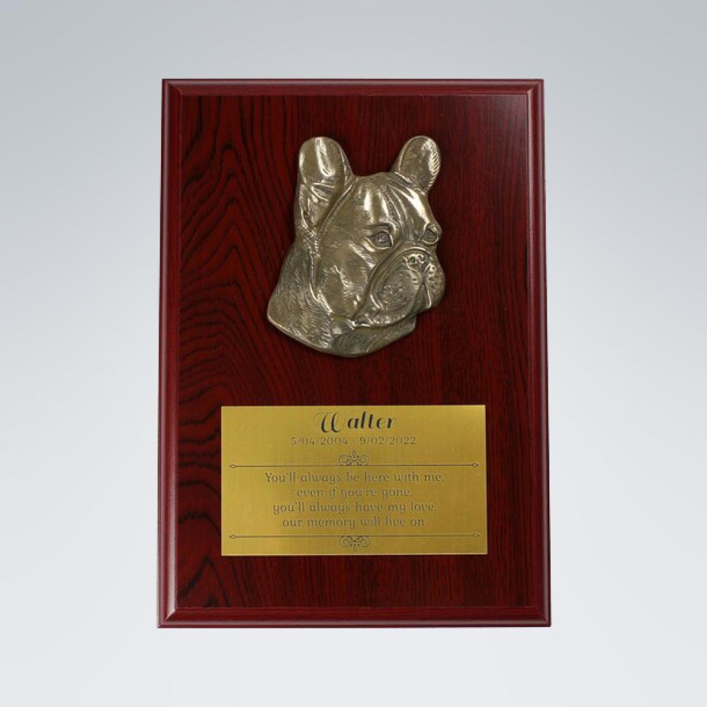 Gedenktafel mit Bronzefigur - Französische Bulldogge