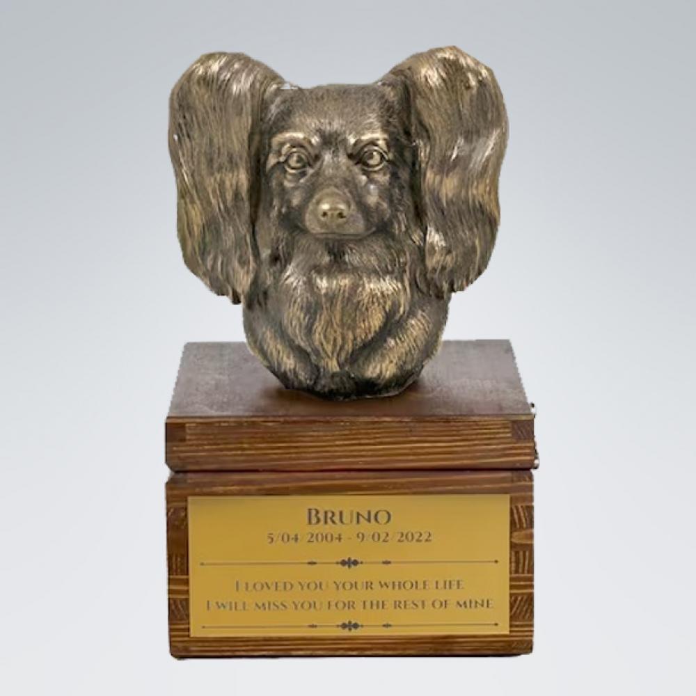 Holzurne mit Gravur Zwergspaniel Papillon